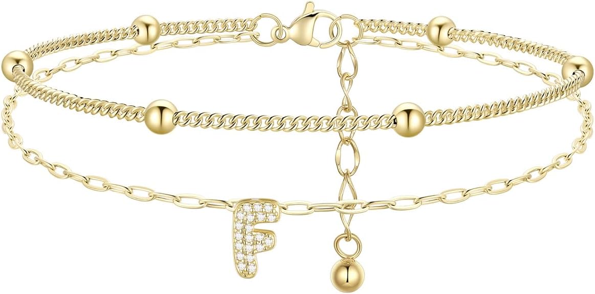 FindChic Silver/14K Gold Plated Layered CZ Initial Ankle Bracelet for Women | Waterproof Stainless Steel, Cubic Zirconia Letter Charm, Non-Tarnish, Hypoallergenic, Adjustable Extender, Summer Jewelry