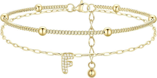 FindChic Silver/14K Gold Plated Layered CZ Initial Ankle Bracelet for Women | Waterproof Stainless Steel, Cubic Zirconia Letter Charm, Non-Tarnish, Hypoallergenic, Adjustable Extender, Summer Jewelry