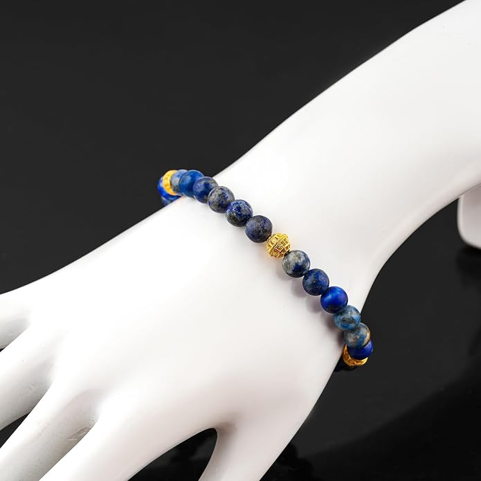 AAA Grade Natural Gemstone Beaded Bracelet, 14K Gold Plated with Evil Charm, Wicca & Reiki Healing Crystals, Handmade Bohemian Jewelry, Christmas Gift for Women (7+1inch)