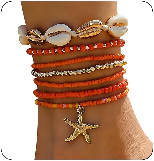 7 Pack Boho Beaded Shell Anklet Bracelets for Women Colorful Stretch Cowrie Seashell Starfish Ankle Bracelet Stack Adjustable Summer Beach Accessories Cute Hawaiian Jewelry