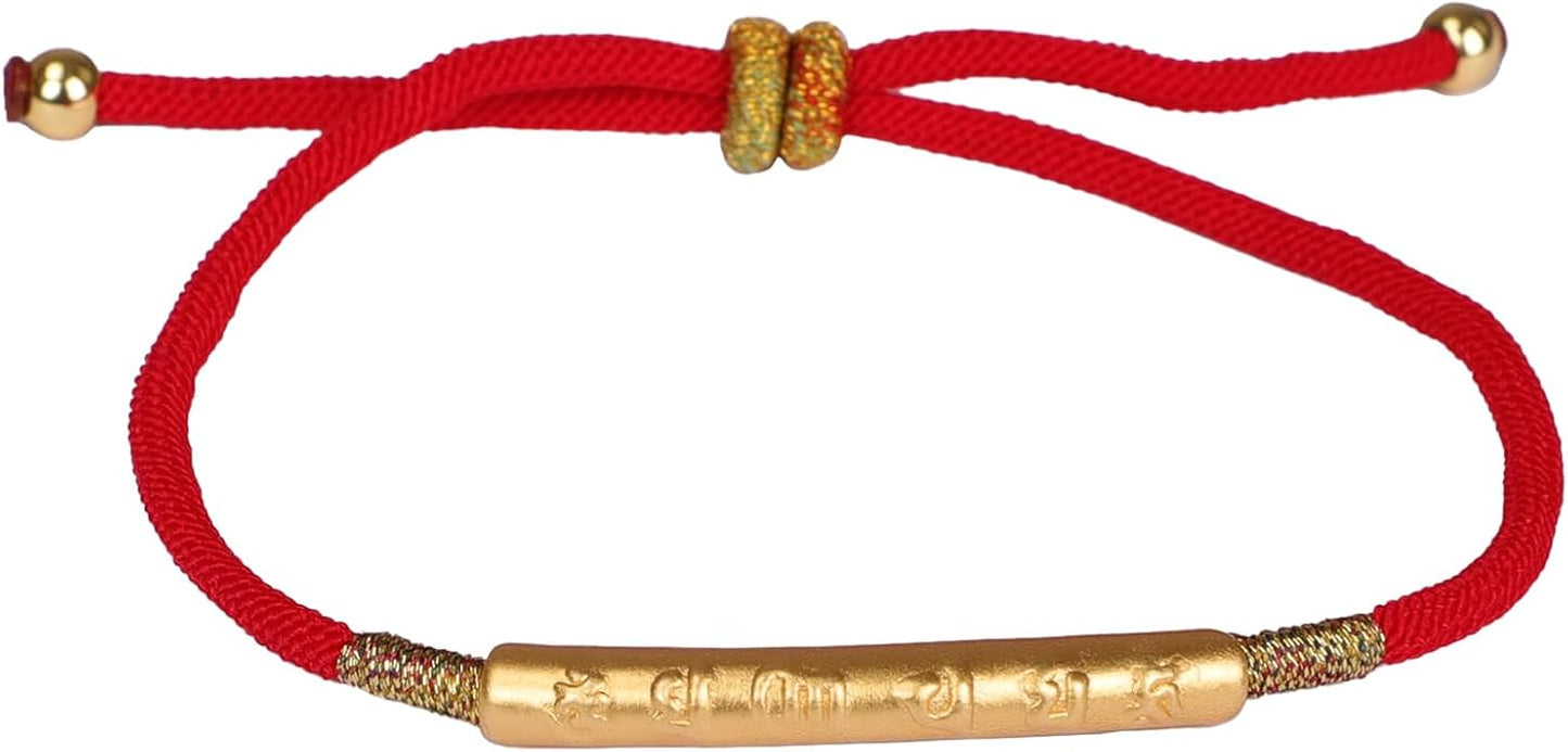 Om Mani Padme Hum Bracelet, Handmade Tibetan Buddhist Mala Bracelet with Six True Words Mantra for Protection, Good Luck & Positive Karma, Adjustable Red or Black String Bracelet for Women & Men