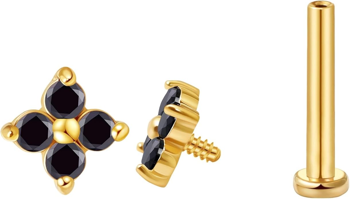 FANSING CZ Flower Internally Threaded Flat Back Earring Labret Stud for Cartilage Tragus Helix Conch