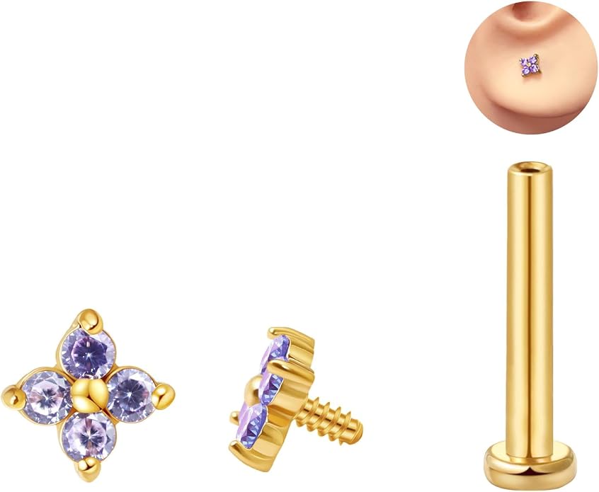 FANSING CZ Flower Internally Threaded Flat Back Earring Labret Stud for Cartilage Tragus Helix Conch