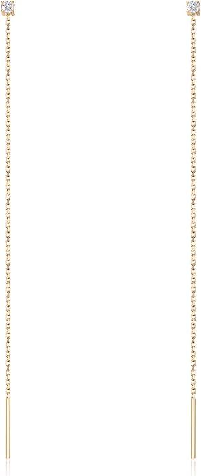 S.Leaf Gold Chain Threader Earrings for Women Trendy 925 Sterling Silver Hypoallergenic Cubic Zirconia Backless Ardant Chain Duster Threader Double Piercing Pull Through Earrings for Women Girls Birthday Gifts