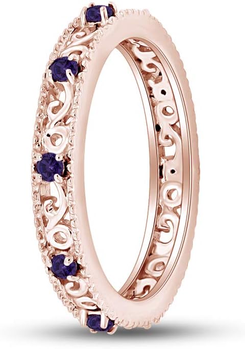 Jewel Zone US Filigree Eternity Wedding Band Ring for Women, Round Cut Simulated Gemstone Stackable Promise Ring in 14K Gold Plated 925 Sterling Silver Band Width 3.5mm – Elegant Jewelry for Her