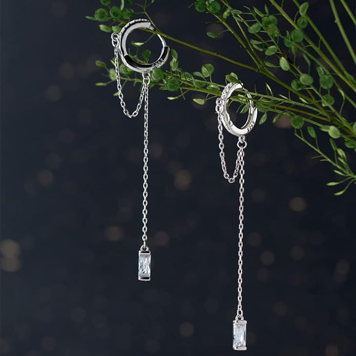 SLUYNZ Solid 925 Sterling Silver CZ Hoop Earrings Chain for Women Teens Hoop Earrings Tassel