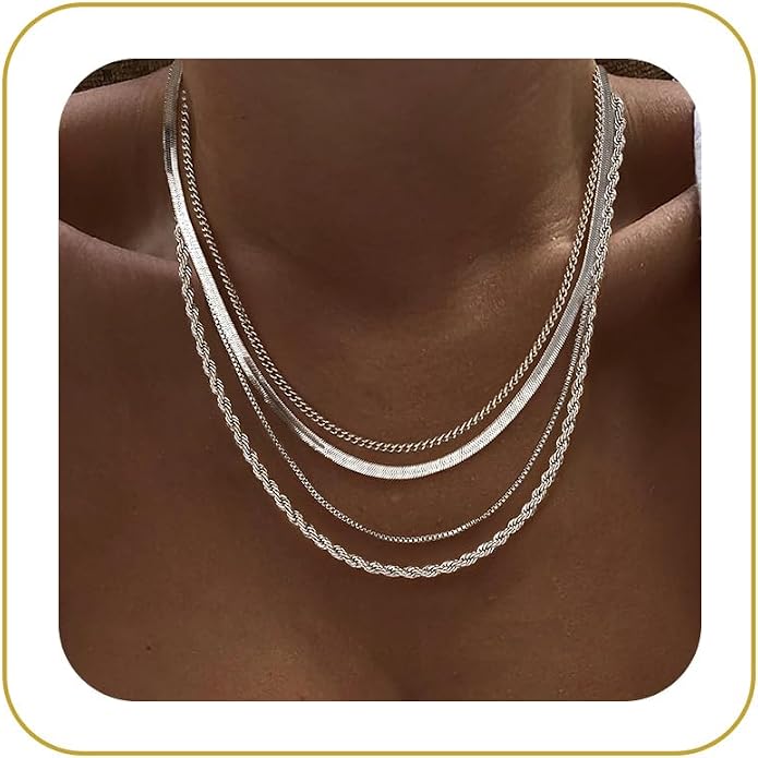Tewiky Layered Necklaces for Women Non Tarnish- Chunky 14k Gold Plated Herringbone/Snake/Rope/Box/Cuban Link Chain for Women Waterproof Layering Stack Choker Necklace Trendy Dainty Tarnish Free Jewelry Set