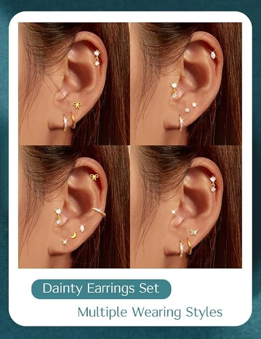 LOLIAS 14K Gold Plated Flat Back Earrings - Hypoallergenic Surgical Stainless Steel Stud Hoop Earrings for Women Girls Cute Stud Earring Set Small Huggie Hoops Cartilage Earring Stacks
