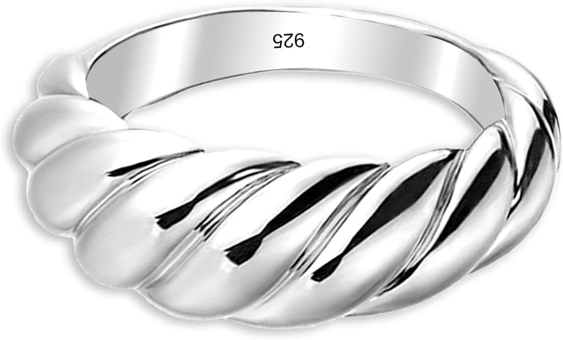 LeCalla 925 Sterling Silver Chunky Bold Signet Rings for Women and Men | Textured Twisted and Ribbed Statement Rings | Minimalist Texture Silver Ring Jewelry for Women & Men (Sizes 6-8 No.)