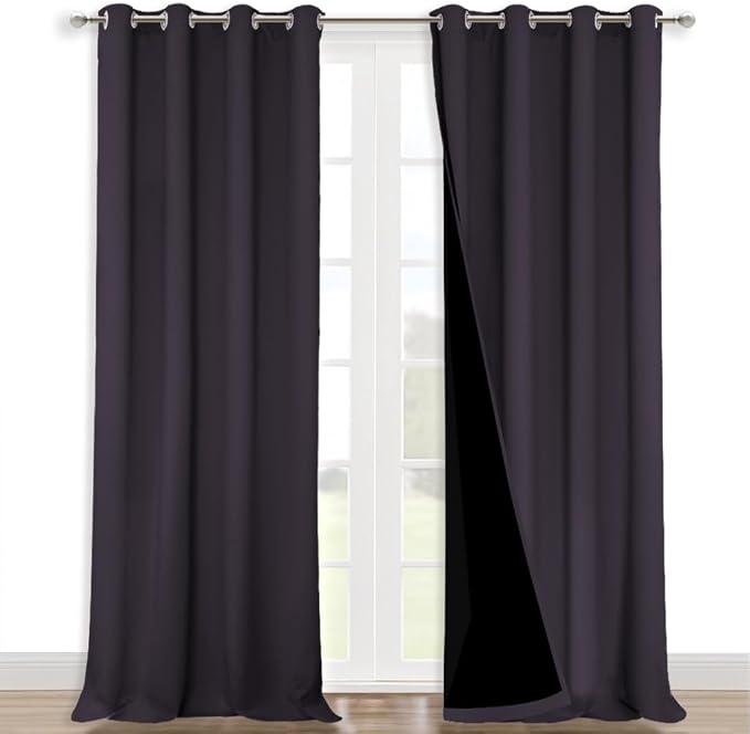 NICETOWN 100% Blackout Curtains for Windows, Pack of 2, Greyish Purple, 52" W x 102" L, Super Heavy-Duty Black Lined Total Darkness Drapes for Bedroom, Privacy Assured Window Treatment for Patio