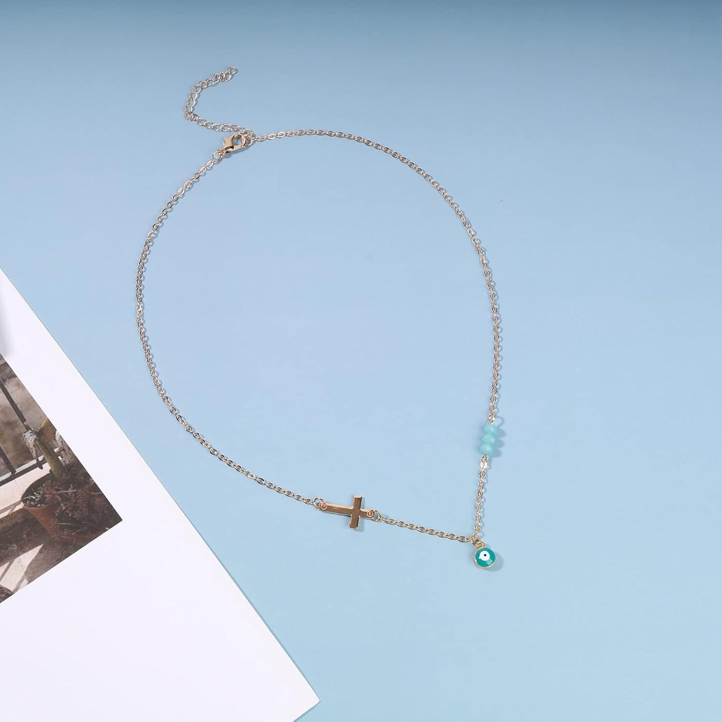 Boho Evil Eye Necklace Exquisite Cross Necklace Blue Rhinestones Choker Gold Chain Drop Evil Eye Pendant Wedding Necklace Charm Fashion Jewelry Gift for Women and Girls