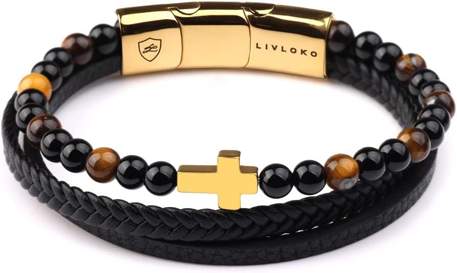 LONDON Mens Bracelet Leather Black Multi-Layer Stone Beads Adjustable Steel Clasp Viking Rope Bands Surfer Man Wristband Male UK Jewellery Gift box Boyfriend Dad Son Brother Tiger Eye