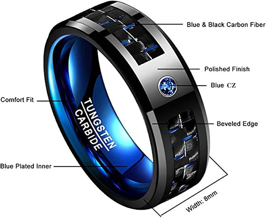 NUNCAD Men's 8mm Black Tungsten Carbide Ring Blue Rings for Men Carbon Fiber Polished Wedding Band Finish Comfort Fit Size 6-15