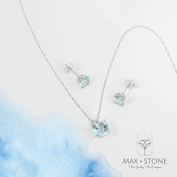 MAX + STONE 14k Gold Plated or Sterling Silver Cushion Cut Gemstone Stud Earrings and Pendant Necklace for Women with 6mm and 8mm Birthstones 18 Inch Chain and Push Backs Jewelry Set