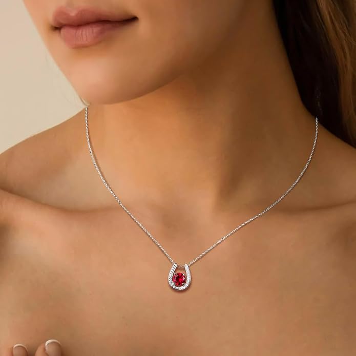 925 Sterling Silver Horseshoe Necklace for Women Round Gemstone Birthstone Necklace Sapphire/Emerald/Ruby/CZ Horse Shoe Pendant Necklaces Jewelry Gift