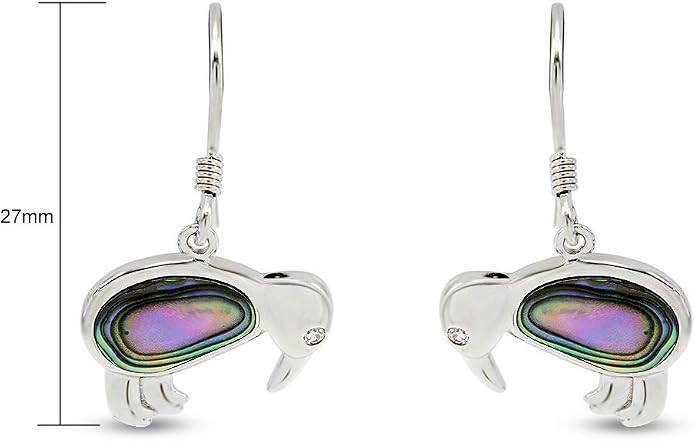 Abalone Shell Animal Dangle Earrings for Women (Kiwi Bird, Cat, Seahorse) in 14K White Gold Over 925 Sterling Silver, Iridescent Fishhook Drop Jewelry Gift
