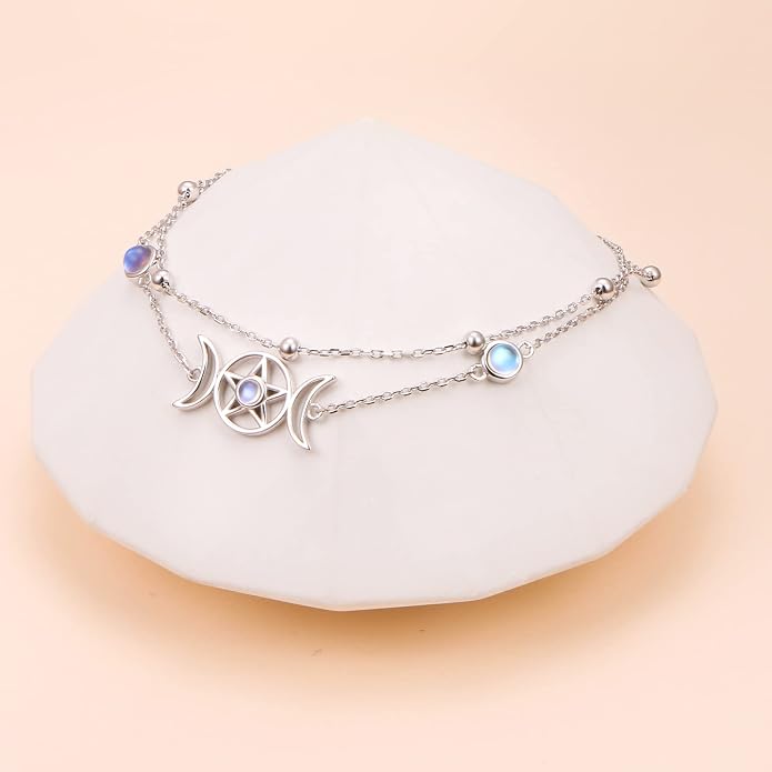 Ladytree S925 Sterling Silver Boho Beach Double Layer Anklets Bracelet for Women Adjustable 9 to 11 inches