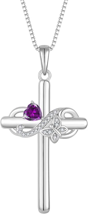 Infinity Butterfly Cross Necklace for Women 925 Sterling Silver Christian Religious Crucifix Pendant Birthstone Jewelry Gifts for Her