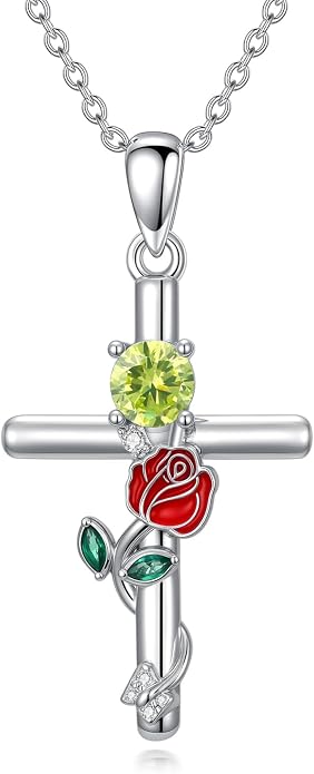 Birthstone Cross Necklace 925 Sterling Silver Rose with Butterfly Birthstone Cross Pendant Necklace Jewelry Gifts for Women Birthday Christmas