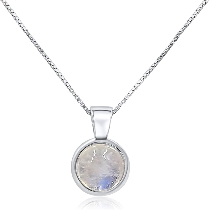 Natural gemstone 8mm round pendant with white gold over 925 sterling silver bezel cabochon plate and box chain, real genuine dainty birthstone gift for her, uniquelan jewelry