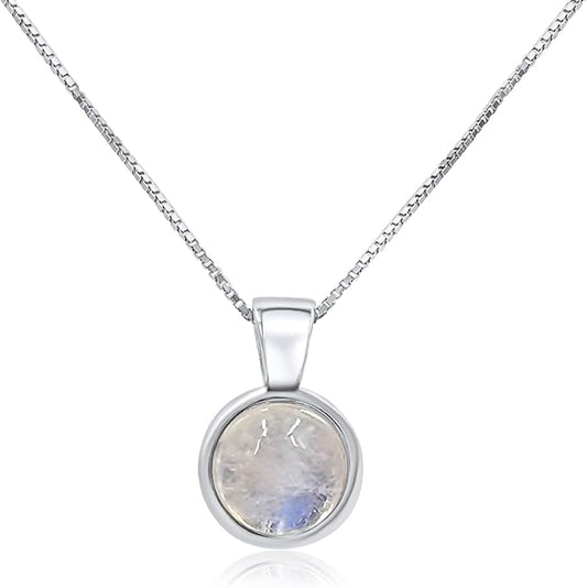 Natural gemstone 8mm round pendant with white gold over 925 sterling silver bezel cabochon plate and box chain, real genuine dainty birthstone gift for her, uniquelan jewelry