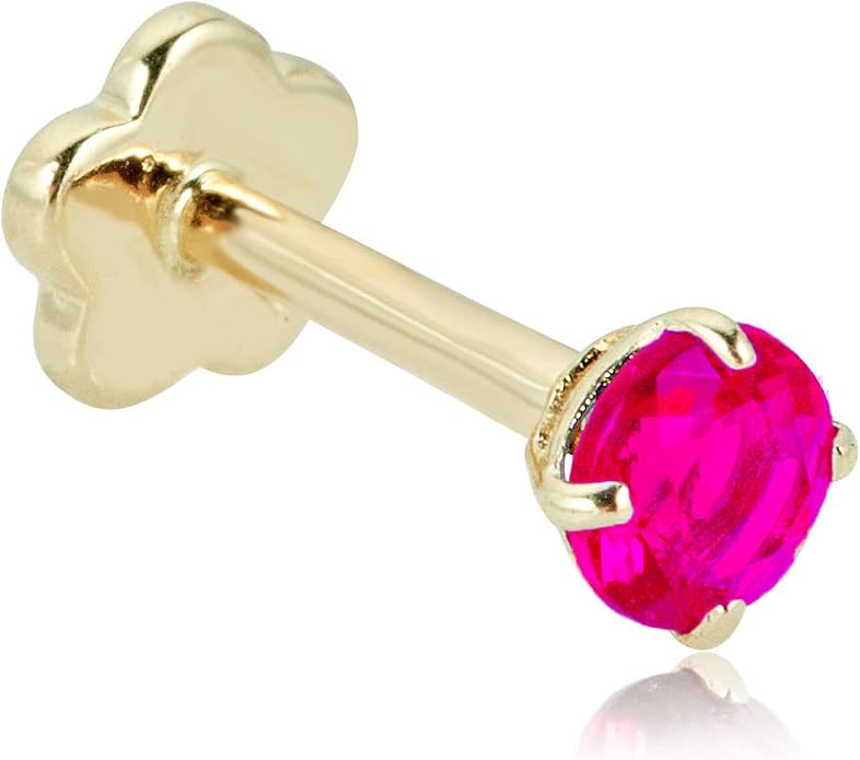 AVORA 14K Yellow/White Gold 3mm Round Simulated Diamond (0.1 carat) Cartilage Piercing Flat Back Earring Body Jewelry (18 Gauge) - Emerald, Ruby, Amethyst, Sapphire, Sim. Diamond