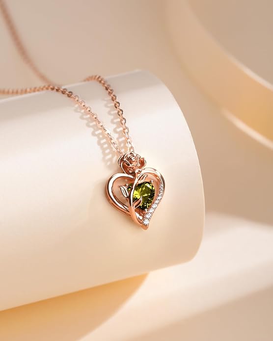 Anniversary Birthday Gifts for Women - Heart Birthstone Necklace: 925 Sterling Silver Rose/White/Yellow Gold Pendant Necklaces Gold Jewelry Gift for Wife Girlfriend Mom Daughter Grandma
