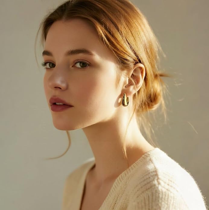 14K Gold Chunky Earrings for Women - Vintage Textured Huggie Sleeper Earrings, Lightweight Hypoallergenic Statement Earrings for Sensitive Ears