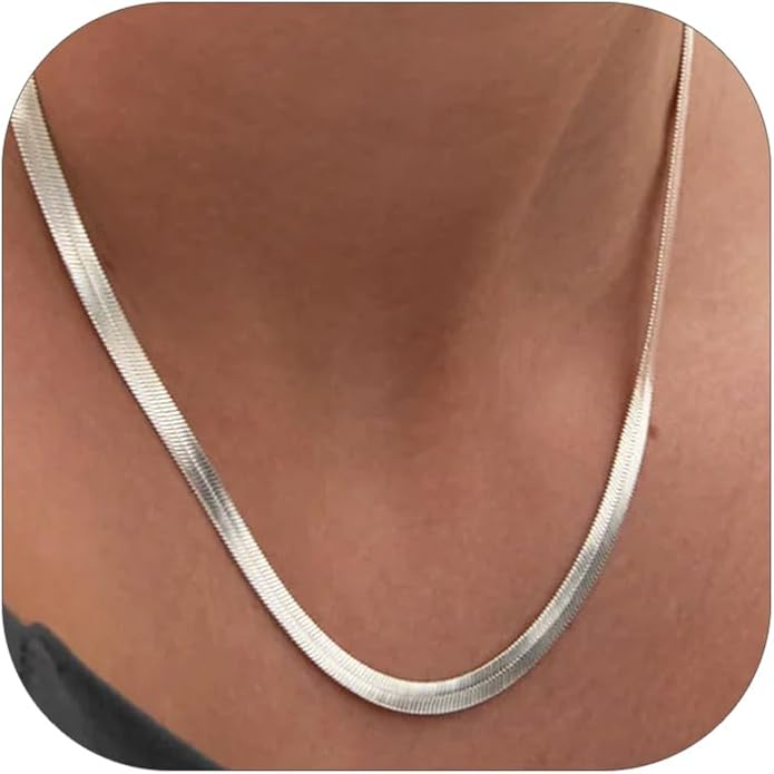 FOCALOOK 14K Gold Plated Necklaces for Women, Fashion Herringbone Choker Necklace Stainless Steel Flat Snake Chain 3/5MM(W) 12.5"/15"/18"+3.5"(L)
