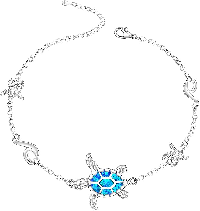 Sea Turtle Ankle Bracelets for Women Blue Opal Sterling Silver Beach Starfish Octopus Conch Ocean Anklets Jewelry Gifts