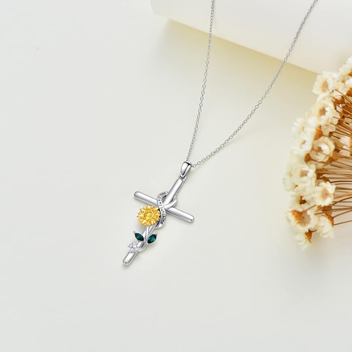Cross Necklace for Women 925 Sterling Silver I Love You Necklace Religious Jewelry with Gift Box for Mother Daughter