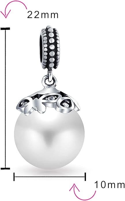Bling Jewelry .925 Sterling Silver Bali Style Filigree Cap White Faux Pearl Heart Dangle Charm Bead For Women Teen Oxidized June Birthstone for Bracelet