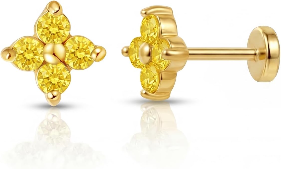 FANSING Short Threadless Cartilage Earring Stackable CZ Birthstone Flat Back Earrings for Women Small Stud Earrings for Tragus Helix Earlobe 18K Gold Plated ‌Rainbow 5.0mm