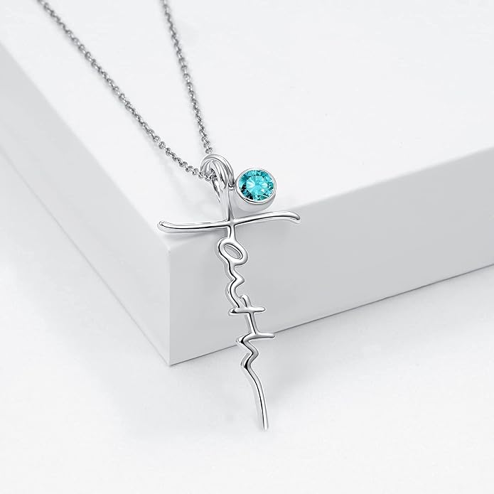 PRAYMOS Faith Cross Necklace for Women 925 Sterling Silver Pendant Necklace With Birthstone Initial Christian Religious Confirmation Baptism Mothers Day Gifts
