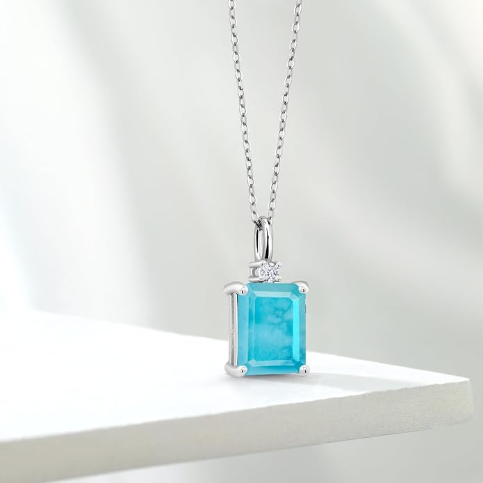Gem Stone King 925 Sterling Silver Gemstone Birthstone Pendant Necklace for Women | Emerald Cut 10X8MM and Round 2MM | With 18 Inch Chain | Fine Jewelry for Her Mom Wife