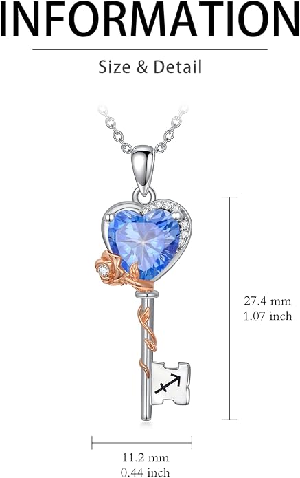 OCJ Zodiac Necklace for Women 925 Sterling Silver Rose Flower Key Pendant Necklaces Zodiac Birthstone Jewelry Wife Birthday Anniversary Christmas Gifts for Her