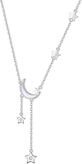 Ladytree 925 Sterling Silver Jewelry Crescent Moon and Star Pendant Necklace