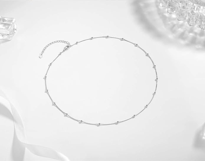 EPIRORA Choker Necklace for Women 925 Sterling Silver Gold Plated Dainty Satellite Bead Chain Pendant Minimalist Jewelry, 16''+2"