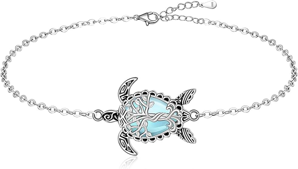 Fenthring Turtle Anklet S925 Sterling Silver Blue Opal Sea Turtle Ankle Bracelets for Women Infinity Wave Ocean Beach Summer Foot Bracelet Jewelry Layered Adjustable