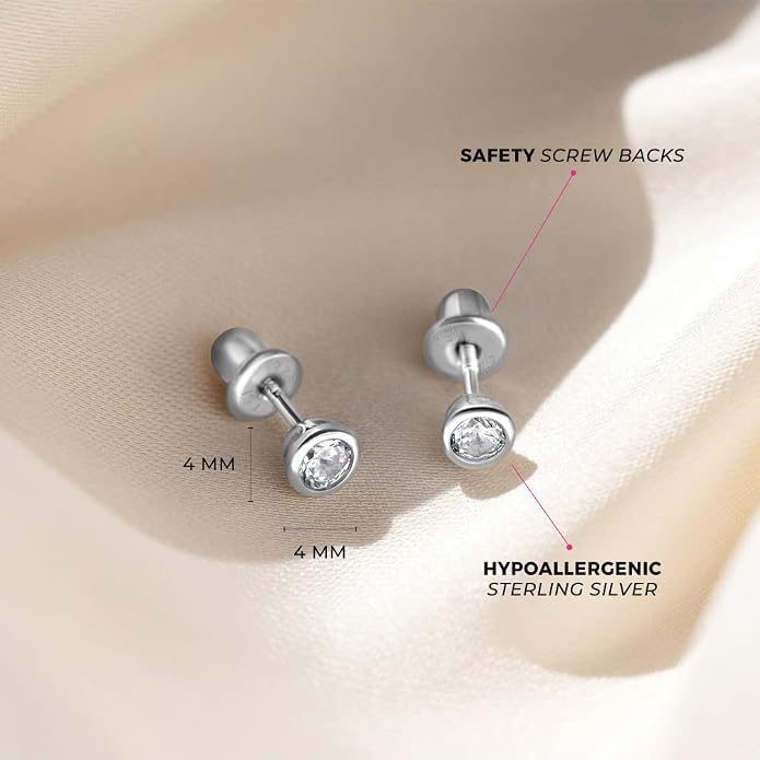 925 Sterling Silver 4mm Bezel Cubic Zirconia Toddler Girls Safety Screw Back Earrings - Locking Back Stud Earrings for Babies to Children - Lightweight and Hypoallergenic Safe for Kids