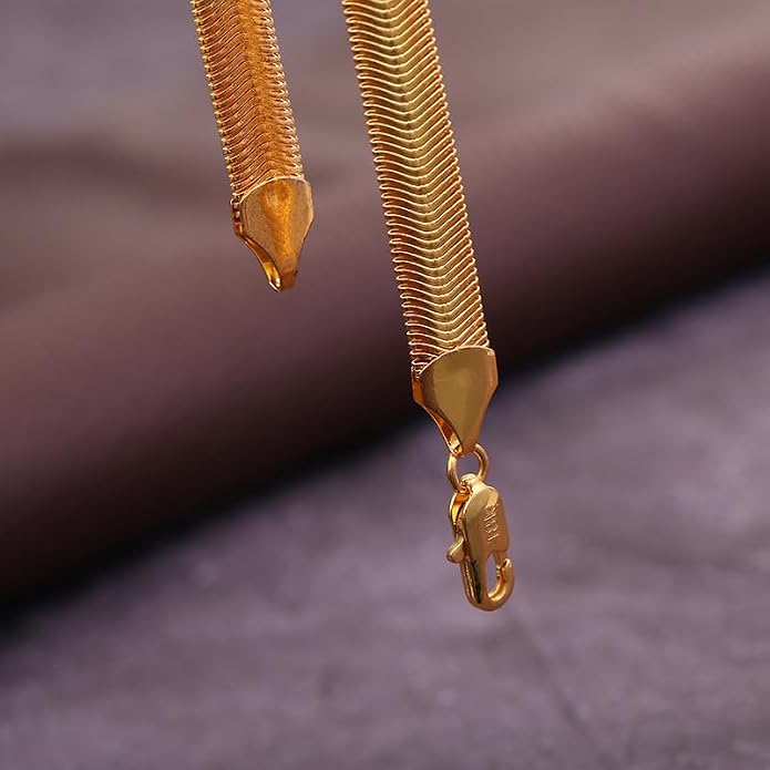 18K Gold Plated Snake Chain Bracelet for Men and Women, 6mm Flat Flexible Chain, Smooth Herringbone Style, Hypoallergenic Jewelry for Daily Wear, Minimalist Gift