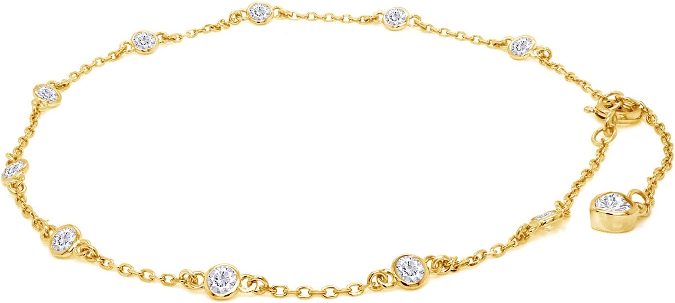 Station Anklet Bracelet For Women 3MM Round Lab Created Moissanite Bezel Set Single Piece Dainty Link Chain Anklet in 14K Gold Plated 925 Sterling Silver 8" to 10" Fine Jewelry