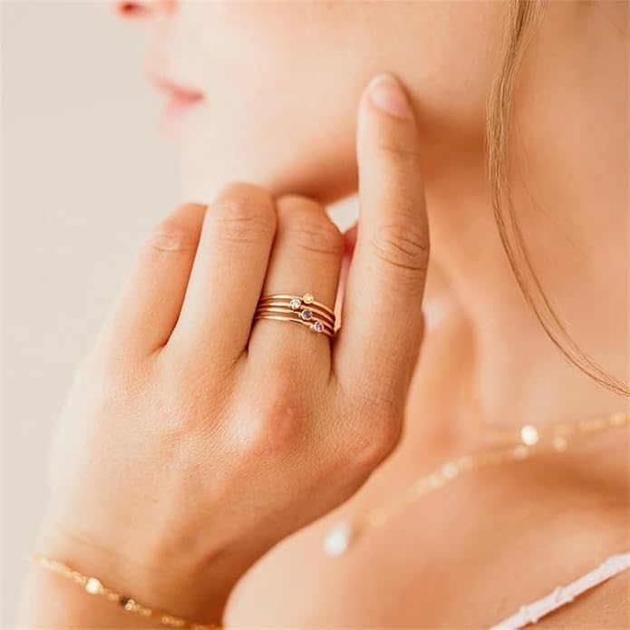 Gold Birthstone Rings for Women 14k Gold Plated Stainless Steel Stackable Ring Dainty Gold Zirconia Ring Engagement Wedding Promise Rings Gemstones Personalized Jewelry