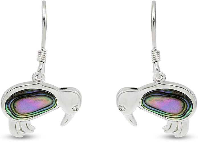 Abalone Shell Animal Dangle Earrings for Women (Kiwi Bird, Cat, Seahorse) in 14K White Gold Over 925 Sterling Silver, Iridescent Fishhook Drop Jewelry Gift