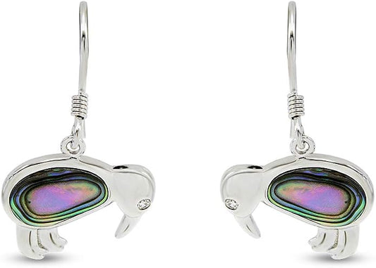 Abalone Shell Animal Dangle Earrings for Women (Kiwi Bird, Cat, Seahorse) in 14K White Gold Over 925 Sterling Silver, Iridescent Fishhook Drop Jewelry Gift