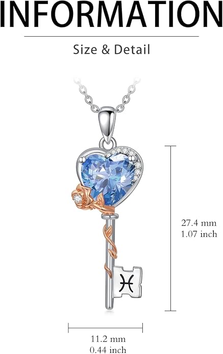 OCJ Zodiac Necklace for Women 925 Sterling Silver Rose Flower Key Pendant Necklaces Zodiac Birthstone Jewelry Wife Birthday Anniversary Christmas Gifts for Her