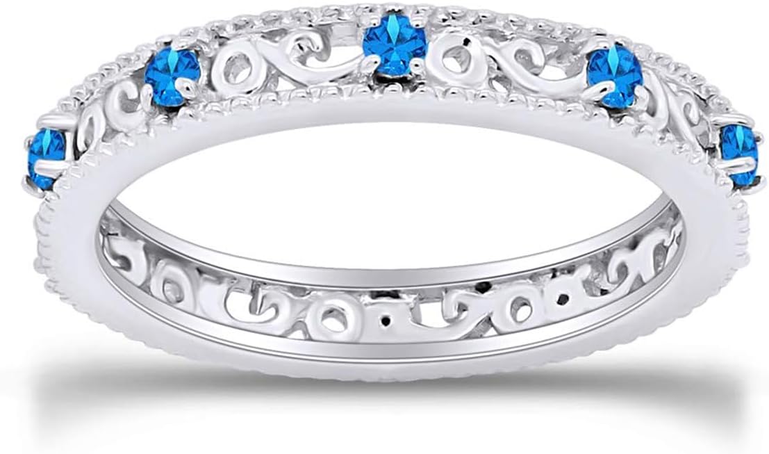 Jewel Zone US Filigree Eternity Wedding Band Ring for Women, Round Cut Simulated Gemstone Stackable Promise Ring in 14K Gold Plated 925 Sterling Silver Band Width 3.5mm – Elegant Jewelry for Her