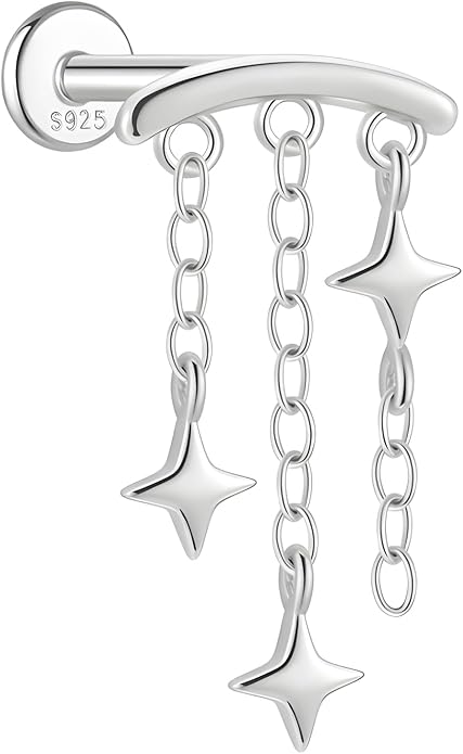 Sterling Silver 925 Flat Back Earring for Women Hidden Helix Piercing Jewelry 16G Star Moon Dangle Cartilage Internally Threaded Tragus Conch Stud Screw Cubic Zirconia Ear Ring