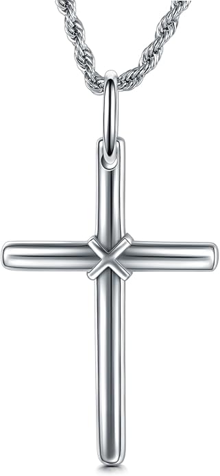 KXJ S925 Sterling Silver Black Cross/Best Dad/Baseball Bat/Silver Cross/Ankh Cross/Crucifix with 22+2 Inches Stainless Steel Rolo Chain Cross Necklace for Men Women Christian Religious Jewelry Gifts