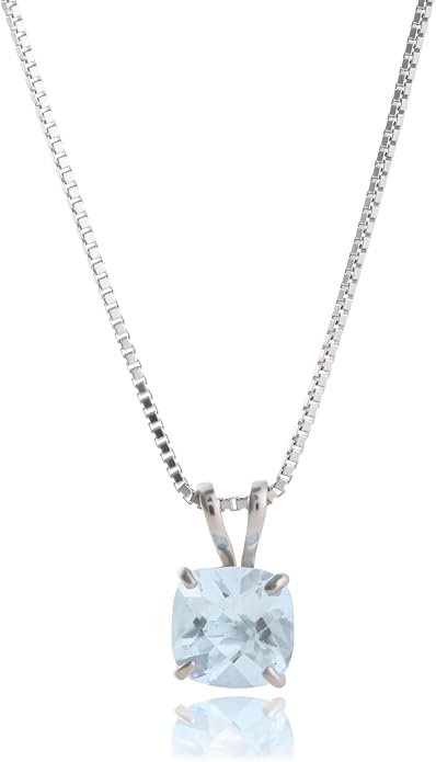 MAX + STONE 925 Sterling Silver Cushion Cut Birthstone Necklace for Women | 6mm Hypoallergenic Solitaire Necklace | Gemstone Pendant Necklaces with 18 inch Box Chain